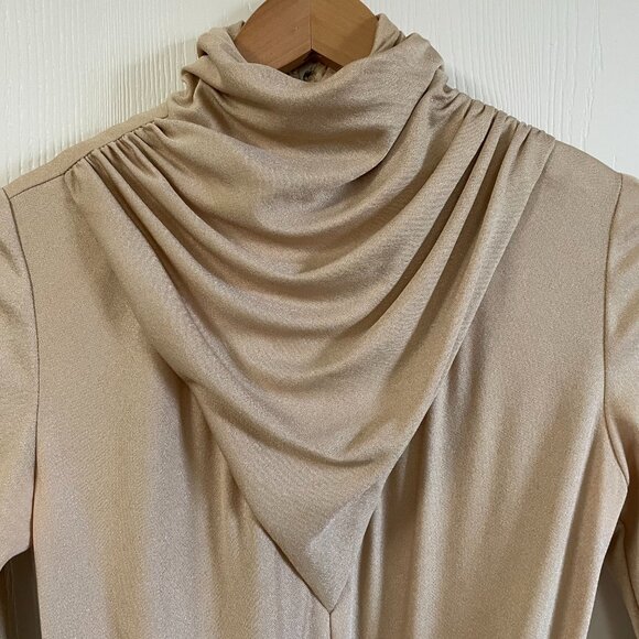 Vintage 70s Metallic Gold Check High Neck Cowl Modest Long Sleeve Gown - Picture 7 of 16